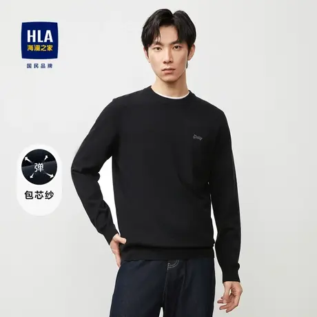 HLA/海澜之家包芯纱长袖针织衫23秋新圆领字母绣花修身休闲毛衣男商品大图