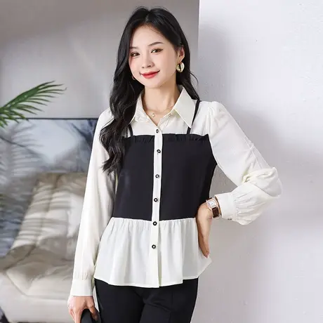 2023秋季新款女装大码胖mm显瘦气质小香风拼接假两件长袖衬衫上衣商品大图