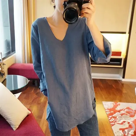 2018春秋新款韩版U型领宽松大码显瘦时尚棉麻衬衣女上衣休闲衬衫商品大图