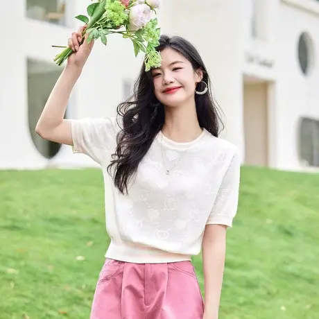 时尚气质短袖针织衫2023年夏季新款淑女甜美宽松显瘦通勤圆领上衣商品大图