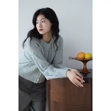 嘉茱莉2023秋季新款麻花羊毛针织外套女薄款毛衣针织开衫外搭上衣商品大图