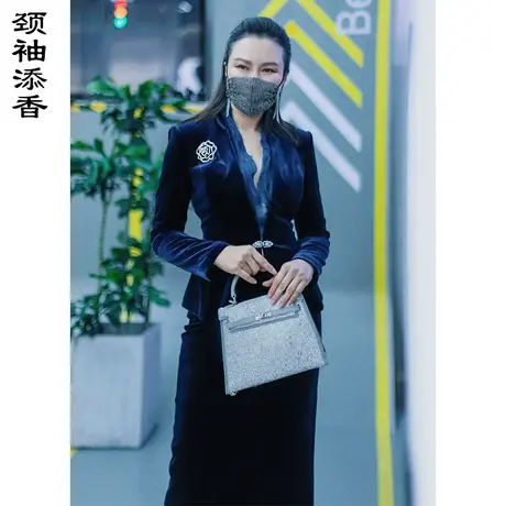 颈袖添香2023春秋新款套装裙女气质女神丝绒时尚OL装女装商品大图