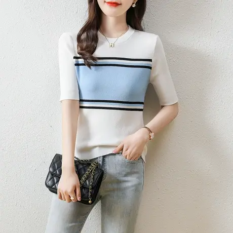 夏季女士短袖修身上衣套头薄款显瘦针织衫韩版时尚圆领百搭T恤图片