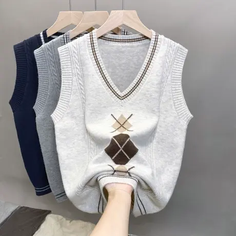 2023年秋装新款复古学院风菱格纹宽松针织马甲背心拼色无袖毛衣女商品大图