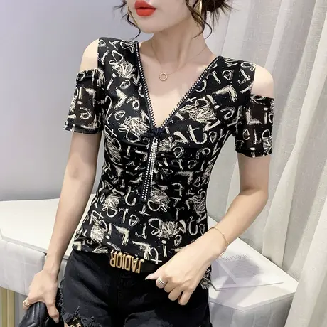 女装2023新款潮时尚拉链V领T恤女短袖夏性感露肩上衣洋气显瘦小衫商品大图