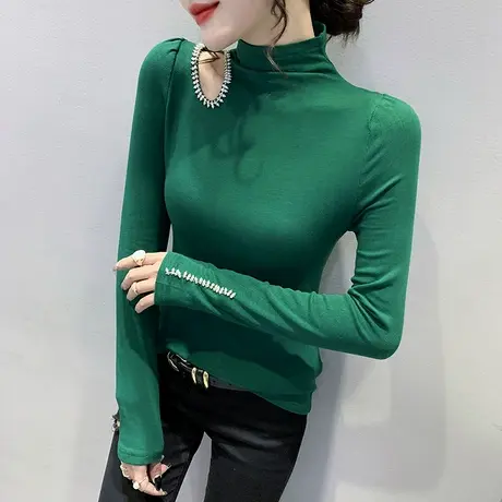 性感镂空露肩T恤长袖半高领德绒打底衫女秋冬设计感小众洋气上衣图片