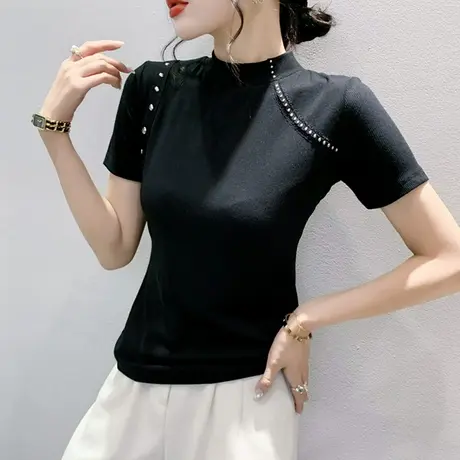 2023夏装新款网红个性T恤女短袖设计感半高领上衣半袖修身小衫潮商品大图