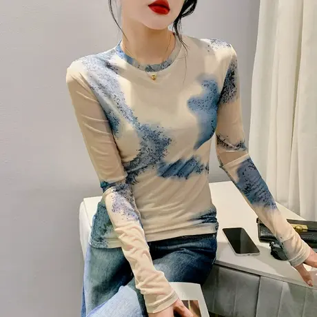 欧货网纱打底衫女长袖内搭秋季2023新款晕染印花上衣修身圆领T恤商品大图