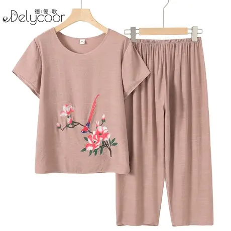 妈妈夏装棉绸套装中老年人女装短袖宽松老人夏天衣服奶奶装两件套商品大图