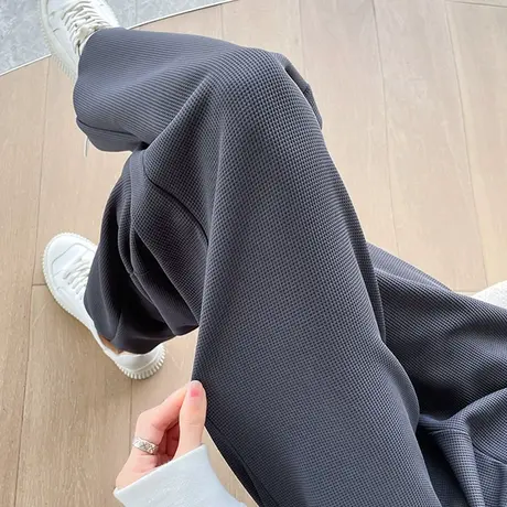 华夫格阔腿运动裤女2023年春秋新款高腰直筒宽松显瘦束脚两穿卫裤商品大图