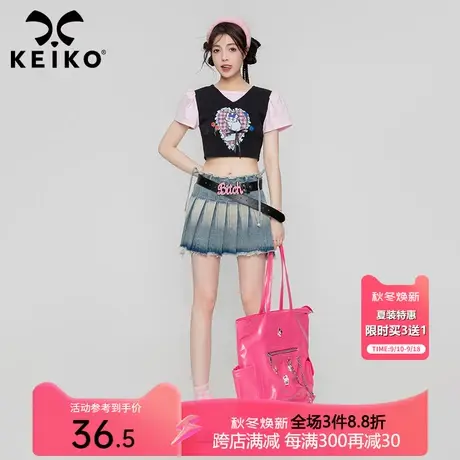 KEIKO  复古印花短袖T恤女2023夏季甜酷辣妹修身显瘦性感短款上衣图片