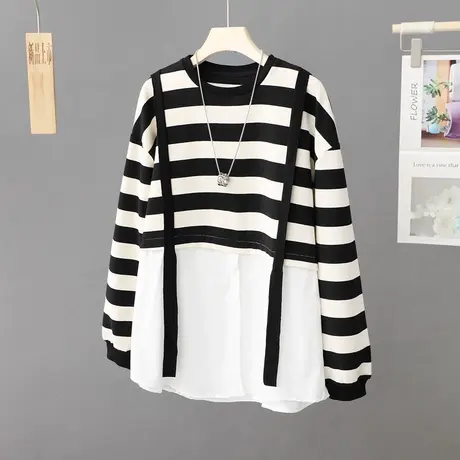 春装新款时尚百搭条纹拼接长袖t恤女圆领套头小众上衣洋气体恤衫图片
