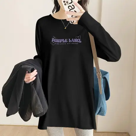 长袖圆领中长款宽松打底衫2022年秋季新款磨毛加厚内搭T恤女纯棉图片