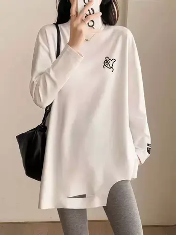 德绒半高领打底衫女2022秋冬简约白色宽松上衣中长款内搭长袖T恤商品大图