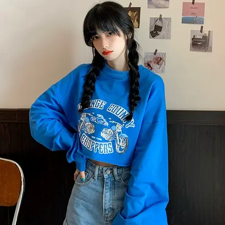 网红卫衣女春秋薄款长袖宽松韩版bf慵懒风ins超火短款上衣外套潮商品大图