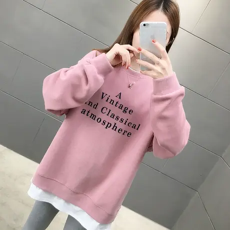 设计感小众卫衣女秋冬韩版宽松大码加绒加厚小个子假两件上衣外套图片