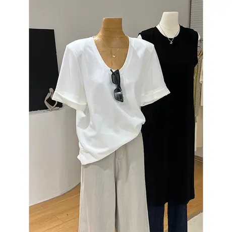 白色纯棉短袖T恤女夏装2023新款宽松显瘦袖口卷边U领垫肩上衣半袖商品大图