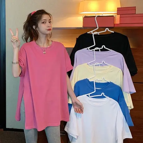 纯色纯棉t恤女ins超火中长款宽松韩版开叉下身消失上衣2020年新款商品大图