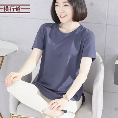 圆领简约宽松短袖2023新夏装纯色大码小衫外穿洋气半袖女上衣体恤商品大图