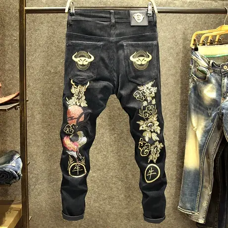 黑色潮牌灯芯绒裤子男修身弹力小脚裤秋冬中国风刺绣条绒休闲长裤商品大图