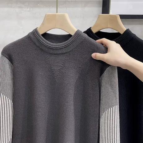 2023新款秋冬季潮牌圆领毛衣男士撞色加厚男装打底针织衫保暖线衣商品大图