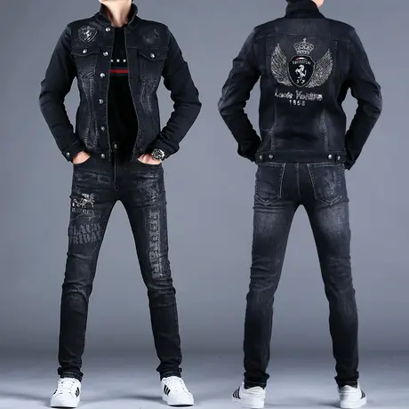 秋款新款高档牛仔套装男款时尚搭配牛仔外套上衣夹克裤子修身弹力图片