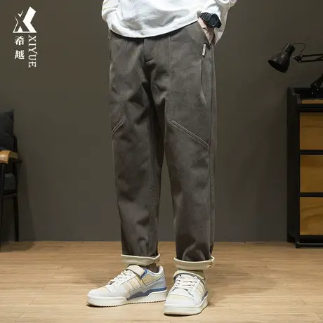希越灯芯绒拼接休闲裤男2023秋季新款复古直筒裤宽松大码胖子男裤商品大图