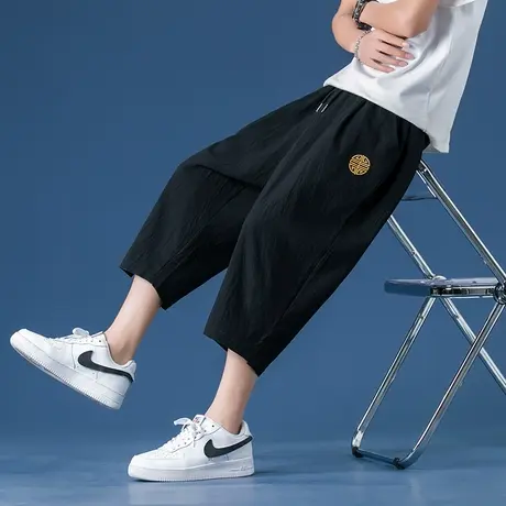 七分裤男夏亚麻男裤短裤青少年运动裤直筒宽松7分裤棉麻休闲裤子图片