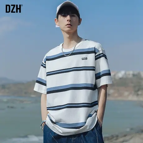 男生纯棉条纹t恤男短袖男款夏季宽松潮牌男装情侣装夏款衣服体恤商品大图