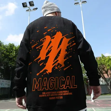 港风潮牌圆领秋冬加绒加厚宽松套头胖子潮流加肥加大码无帽卫衣男商品大图