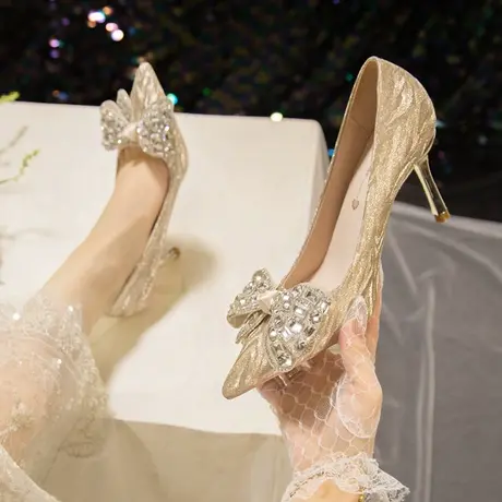 法式婚鞋女秀禾主婚纱两穿2023新款新娘鞋平时可穿伴娘水晶高跟鞋图片