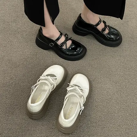 圆头黑色粗跟厚底小皮鞋女2023新款夏季复古浅口法式玛丽珍单鞋子商品大图