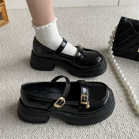 英伦风小皮鞋女2023年新款春夏百搭厚底粗跟鞋子黑色jk玛丽珍单鞋商品大图
