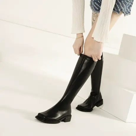 2023新款女高筒马丁骑士靴方头弹力不过膝显瘦软皮黑色粗跟长筒靴图片