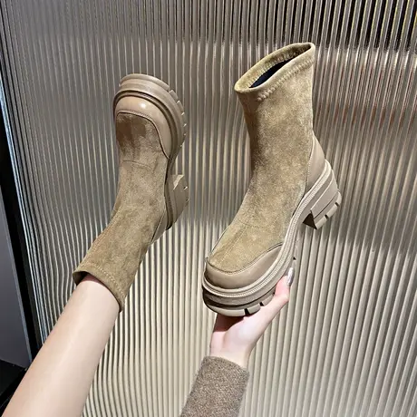 时尚粗跟女靴子2023新款复古绒面高跟短靴瘦瘦靴春秋单靴马丁靴女图片