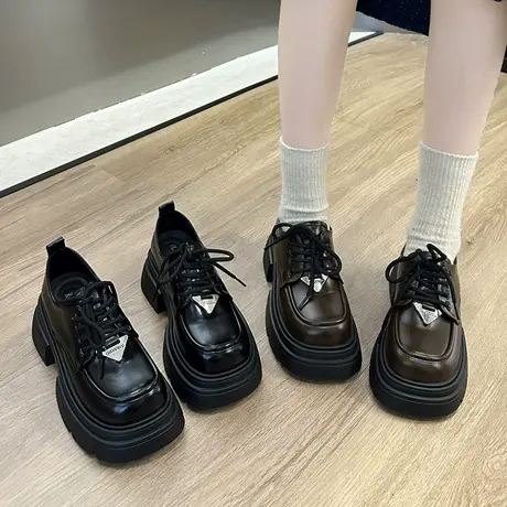 英伦风系带小皮鞋女鞋子2024新款春秋小个子增高乐福鞋女厚底单鞋商品大图