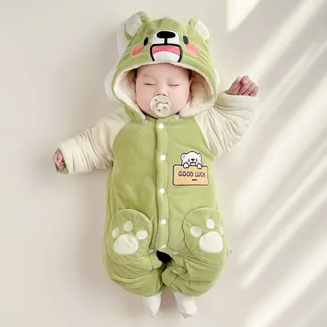 新生婴儿衣服秋冬连体衣儿童宝宝加绒加厚哈衣保暖棉衣绒面防着凉图片