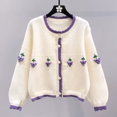 撞色立体葡萄设计感毛衣外套女2023新款宽松学院风减龄针织开衫商品大图