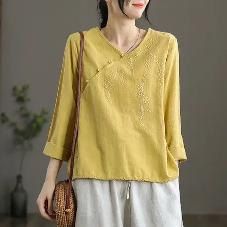 dza 文艺复古v领衬衫宽松t恤女士打底衫秋季上衣新款百搭长袖衬衣图片