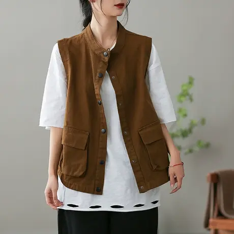 dza 文艺复古全棉纯色马甲女2023春新款百搭坎肩休闲宽松外搭上衣图片