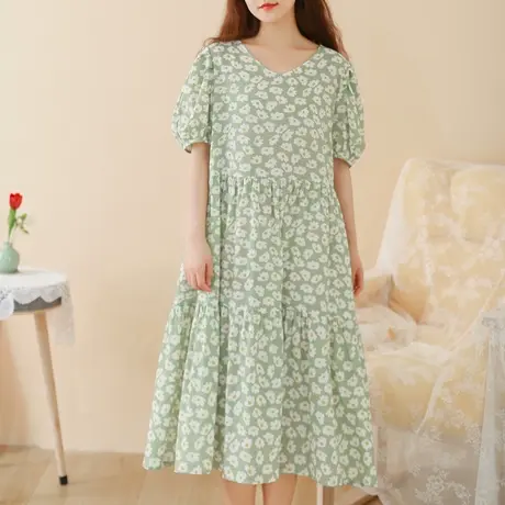 胖妹妹夏装复古花色V领纯棉连衣裙 加大码2023新款宽松长裙200斤商品大图