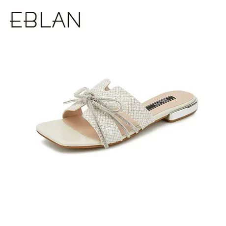 伊伴春夏新款女鞋法式链条蝴蝶结方头拖鞋女可外穿低跟平底凉拖鞋商品大图