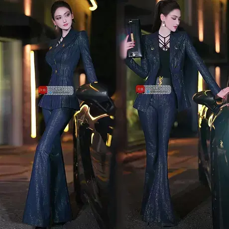 VJE秋冬职业西服套装新款修身减龄外套高腰喇叭裤两件套图片