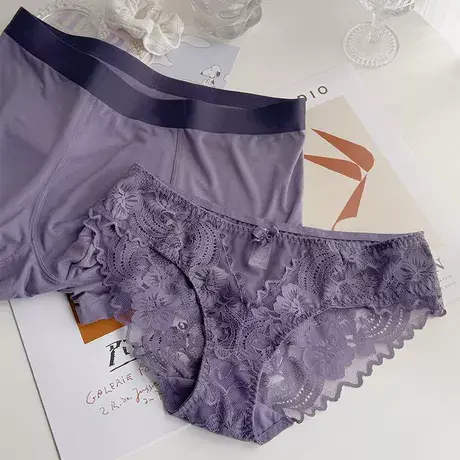 紫雾柔情~紫色情侣内裤夏季一男一女蕾丝透明纯棉裆三角平角裤衩商品大图