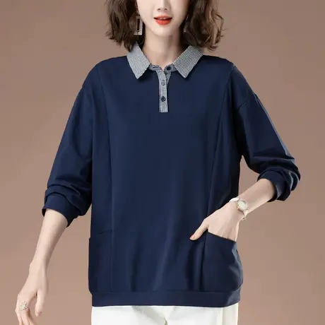 中年妈妈长袖t恤春秋新款加肥加大码女装宽松纯棉翻领显瘦打底衫商品大图