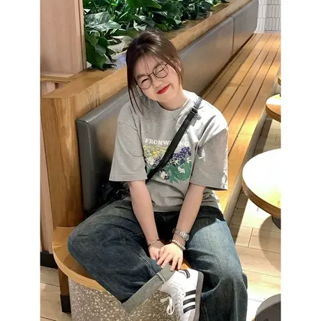 韩系chic灰色纯棉短袖大码宽松oversizet恤女夏胖mm遮肚上衣藏肉图片