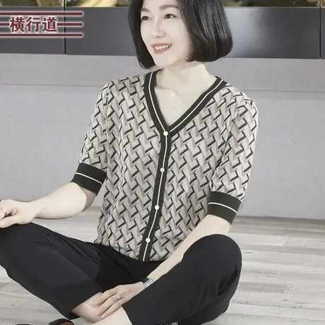 2023新款夏装V领提花宽松针织衫中袖大码妈妈套头五分袖上衣女装商品大图