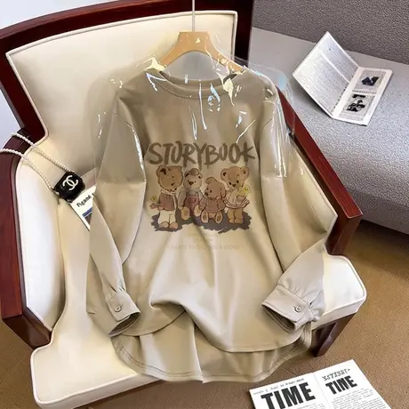 复古chic驼色卫衣女秋季薄款oversize大码宽松显瘦上衣潮ins外套商品大图