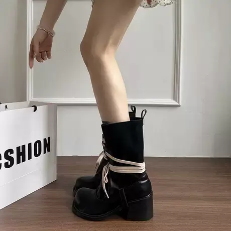 法式粗跟马丁靴女2025新款夏季配裙子增高靴子复古气质显瘦时装靴商品大图