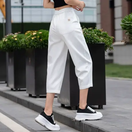 白色三防牛仔裤女夏季薄款高腰冰丝女裤天丝哈伦裤七分裤老爹裤子商品大图
